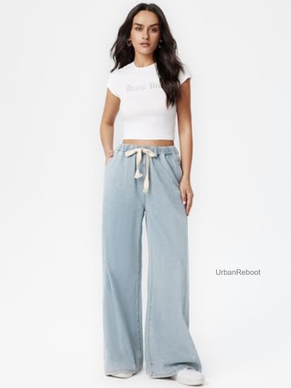 Drawstring Baggy Wide Leg Jeans High Waisted Pull On Denim Pants with Pockets - Picture 5 of 5